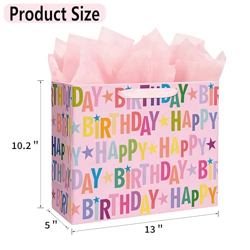 Yusenguan 13" Pink Happy Birthday Gift Bag, Colorful Lettering Design with Card, Tissue Paper and Sturdy Handles for Kids...