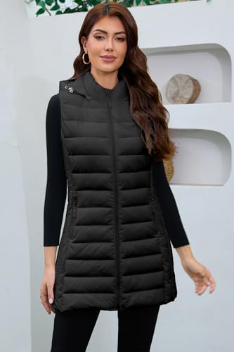 Long Puffer Vest for Women with Hood Lightweight Packable Sleeveless Vest for Spring, Fall & Winter