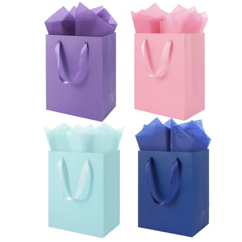 Epoesch 4 Pack Medium Gift Bags With Handles and 8 Tissue Paper, Size 8 X 5 X10 Inch Paper Bags for Birthday Party Baby Sh...