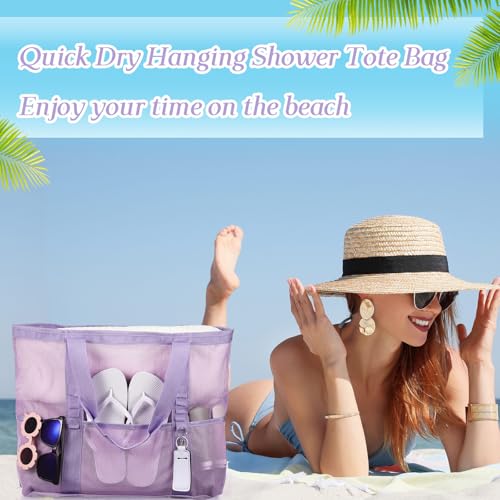 Hillban Large Beach Mesh Bags Bulk for Women Beach Tote Bag with 8 Pocket Zipper Waterproof Sandproof for Pool Cruise Ship