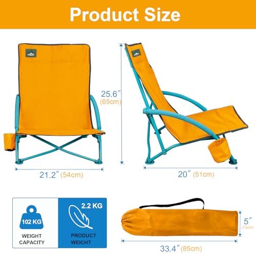 NORTHROAD 2 Pack Low Folding Beach Chair,Portable Lightweight Lowback Sling Chair, Outdoor Low Seat Camping Chair w/Cup Ho...