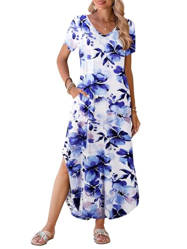 BELAROI Womens Plus Size Maxi Dresses Summer T Shirt Dress Casual V Neck Short Sleeve Long Dress Loose Fit Pockets Split