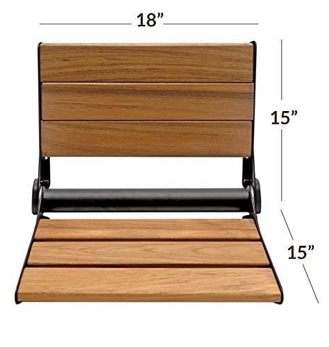 Home Aesthetics 18" ADA Compliant Wall-Mounted Folding Serena Teak Wood Shower Bench Seat with Matte Black Frame, Clear Co...