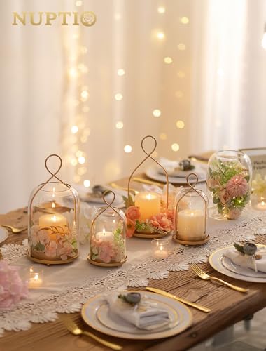 NUPTIO Glass Lanterns Decorative Outdoor: Gold Hurricane Candle Holders for Pillar Candles - Set of 2 Hanging Lantern for ...