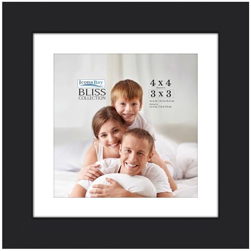Icona Bay - 4x4 Black Picture Frame with Removable Mat to 3x3 Photo - Modern Style Engineered Wood Picture Frame - Table T...