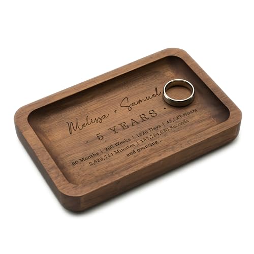 MUUJEE 5 Year Custom Engraved Rec Tray - Personalized Names on Wood Tray Small Jewelry Ring Dish 5 Year Wedding Anniv Gift...