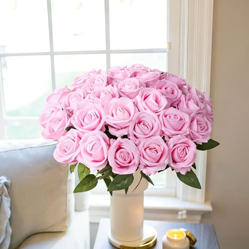 50 PCS Pink Roses Artificial Flowers, Real Looking Fake Roses with Long Stems Silk Flowers for DIY Wedding Bouquet Party C...