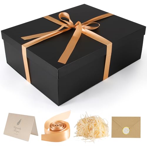 Gift Box, 16.5x13x5.5 inches Large Black Gift Boxes with Lids for Presents, Birthday Box Contains Card Ribbon Shredded Pap...
