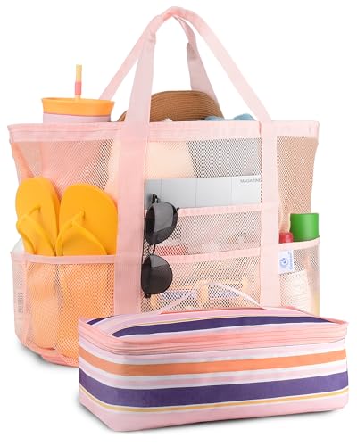 Genteen Beach Bag for Women, Mesh Tote Bags with Zipper, Sandproof Vacation Essentials with Cooler for Swim Cruise Pool
