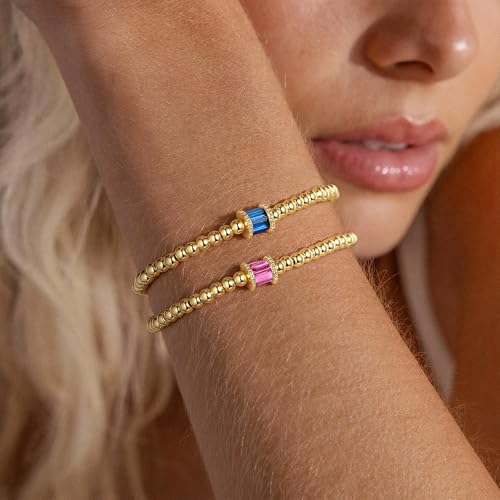 M MOOHAM Mothers Day Gifts - Birthstone Gold Beaded Bracelets for Women, Dainty Elastic 14k Real Gold Plated Beaded Bracel...