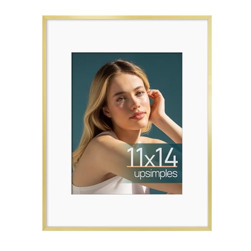 upsimples Aluminum 11x14 Picture Frame Gold, Display Photo 8x10 with Mat or 11 x 14 without Mat, Wall Hanging Metal Poster...