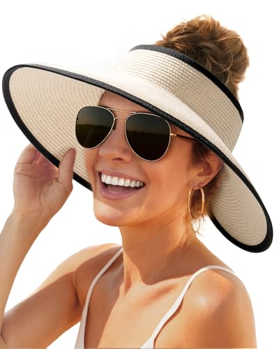FURTALK Sun Hats for Women Wide Brim Beach Hat Straw Visor Ponytail Summer UV Packable Foldable Beach Vacation Essentials