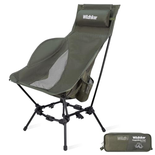 Wildhiker Compact High Back Camping Chair - Foldable with Dual Sitting Modes, Pillow, Arm Pads and Side Pockets - Lightwei...