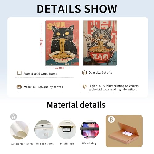Framed Funny Black Cat Canvas Wall Art Set of 2, Vintage Japanese Cat Eating Ramen Poster, Unique Gifts and Animal Lover P...