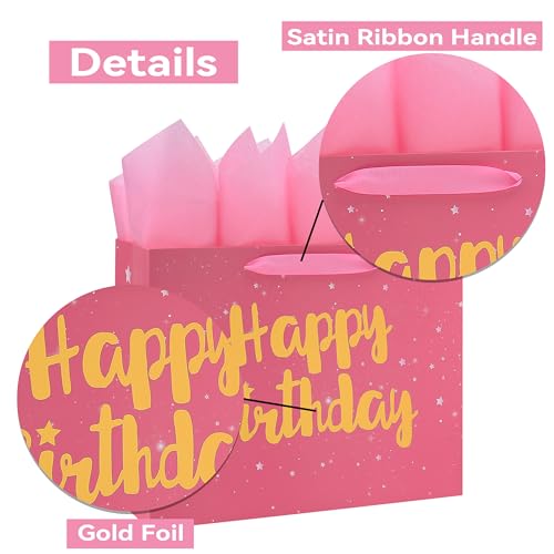 13" Large Pink Gift Bag Set with Greeting Card and Tissue Papers (Stars and Gold Foil ‘Happy Birthday’) for Women's Party,...