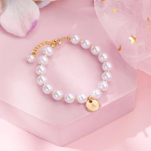 Miss Pink Initial Pearl Bracelet Flower Girl Bracelet Proposal Gifts for Girls, Dainty Gold Pearl Bracelets with Letter A-...