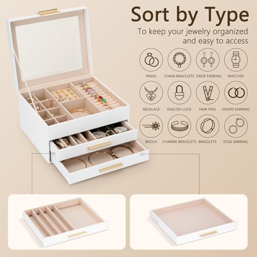 JBAOWEI Jewelry Box for Women, 3-Layer Jewelry Box, Jewelry Organizer with Clear Glass Lid and Drawers, Jewelry Organizers...