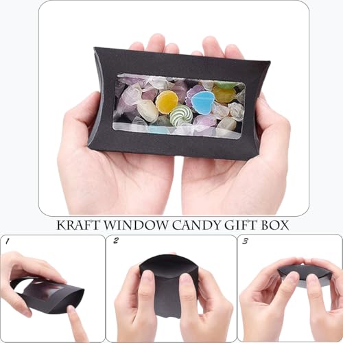 50 Pcs Pillow Gift Boxes with Windows,Kraft Paper Mini Pillow Packaging Box, Creative Favor Box Folding Treat Boxes with C...