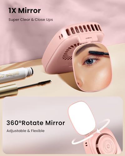 Gaiatop Mini Neck Fan, Rechargeable Handheld Desk Use, LED Power Display 3 Speed 360°Rotate Mirror for Lash Makeup, Cute C...