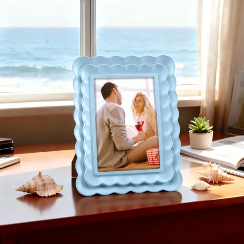Fiwochic 4 x 6 Blue Scalloped Picture Frame Wavy Edge Blue Resin Photo Frame Gift Decorative Scalloped Design for Tabletop...