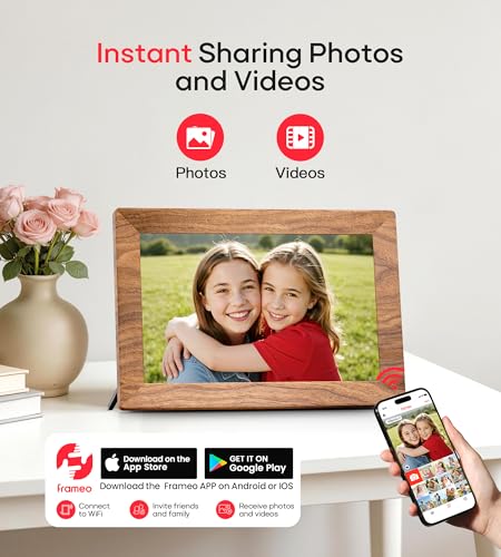 Frameo 10.1" Digital Picture Frame with 32GB Memory WiFi Electronic Photo Frame Wood 1280 x 800 IPS Touch Screen Auto-Rota...