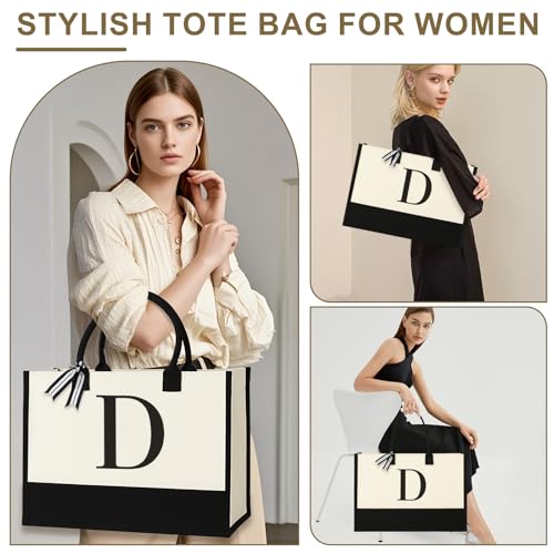 GENGBIN Personalized Canvas Tote Bag for Women Makeup Pouch Initial Beach Bag Removable Bottom Board for Travel Birthday