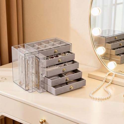 Greenfeather Jewelry Organizer with 7 Removable Drawers, Clear Acrylic Jewelry Box with 16 Necklace Hooks, 48 Pairs of Ear...