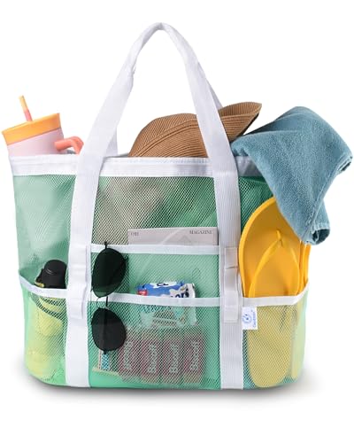 Genteen 40L Mesh Beach Bag, Foldable Sandproof Tote with Waterproof Pocket Quick Dry for Women Family Pool Vacation（White