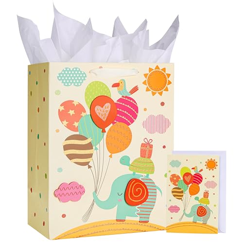 SUNCOLOR 13" Large Baby Gift Bag with Handles with Tissue Paper & Greeting Card – for Newborns, Baby Boys or Girls