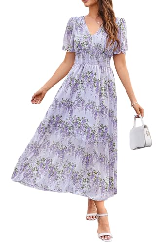 Women's Floral Maxi Dress Flowy V Neck Empire Waist Summer Wedding Guest Party Casual Chiffon Dress