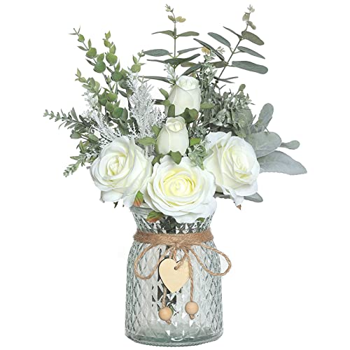 Faux Flowers with Vase,Artificial Silk Roses in Vase, Fake Plant Eucalyptus Flower Arrangement for Home Office Farmhouse B...