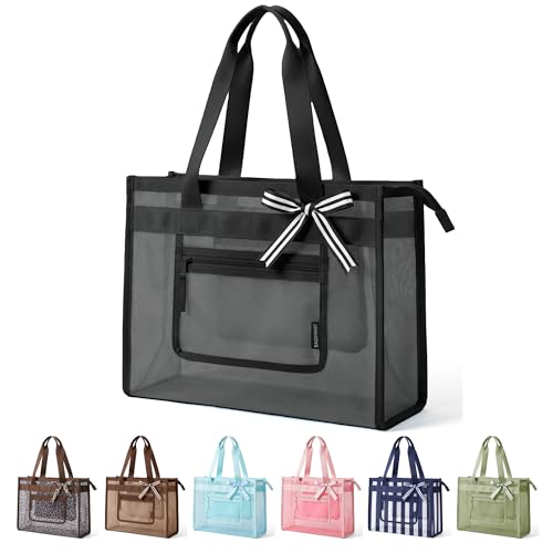 BAGSMART Mesh Beach Bag with Zipper Pocket, Large Beach Tote Bags for Women | for 40 oz Bottle, Removable Ribbon Bow, Sand...