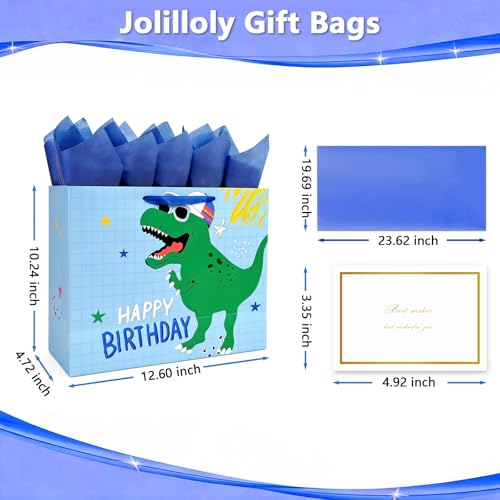 Joliloly 13" Happy Birthday Gift Bag, Dinosaur Print Sturdy Thick Paper Bag for Kids, Reusable Birthday Present Bag with T...