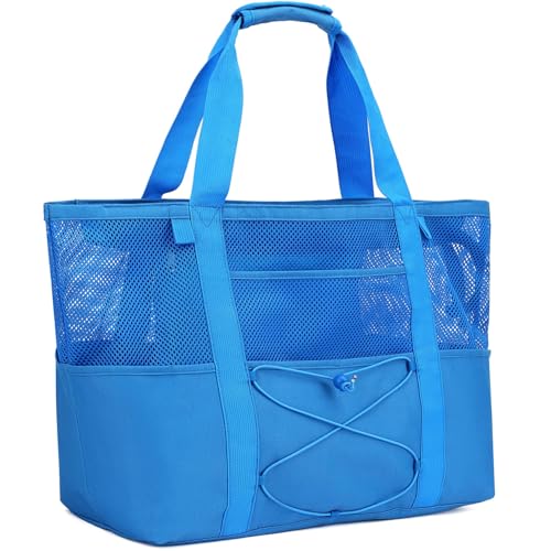 Fammart Mesh Beach Bag for Women, Large Beach Toy Pool Bag with Zipper Pocket, SandProof Cruise Essentials 2026 Family Travel