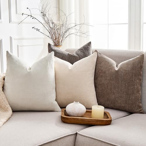GriNeed Pack of 4 Throw Pillow Covers 22x22 Inch Chenille Textured Neutral Soft Pillow Covers Solid Decorative Farmhouse C...