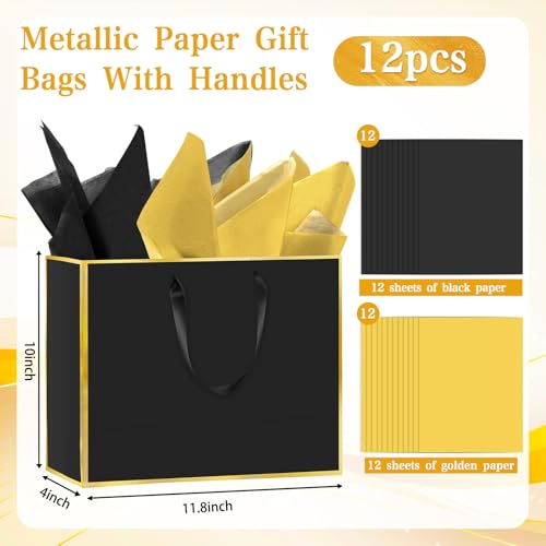 Epoesch 12 Pack Black Gift Bags with Handles – Includes 24 Tissue Paper – 11.8"x10"x4" – Elegant 5 Senses Gift Bags for We...