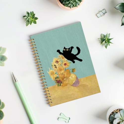 ROXMART Abstract Sunflower Black Cat Spiral Notebook, Cats Lover Gifts Journal, Black Cat Gifts for Women, Whimsical Flora...