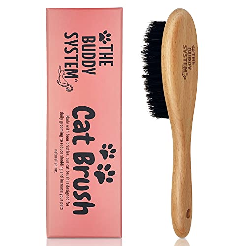 The Buddy System Cat Brush with Boar Bristle and Wooden Handle, Professional Grade Daily Grooming Hairbrush, Reduce Sheddi...