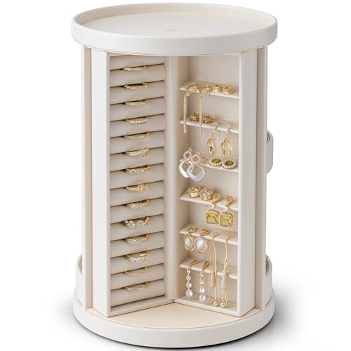 VLANDO 360°Rotating Jewelry Box,Earring Organizer Large Vertical Jewelry Organizer with 6 Necklace Hooks, Open Ring Displa...