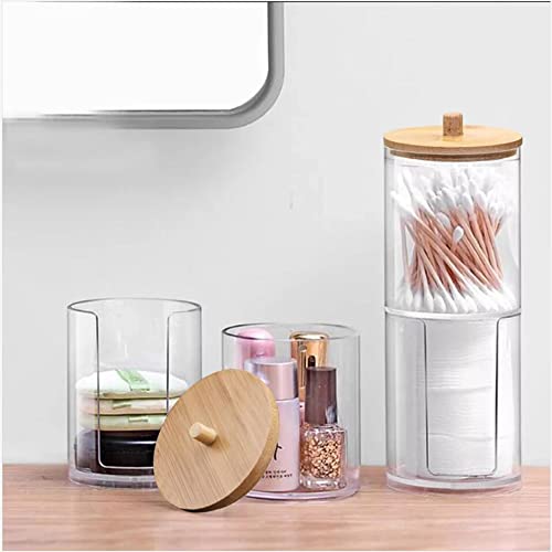 WJASI Qtip Holder Dispenser with Cotton Pads Jar Set Bamboo Lid Stackable Bathroom Counter Acrylic Organizer to Storage Co...
