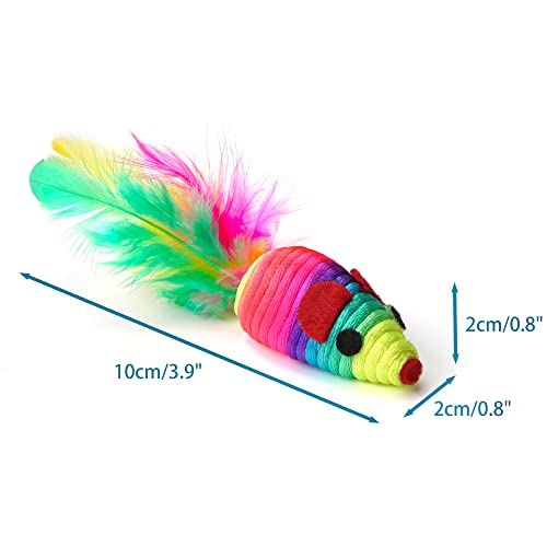 CHIWAVA 24PCS 5" Rattle Cat Toys Mice with Feathers Rainbow Rope Mouse Kitten Interactive Toy Assorted Color
