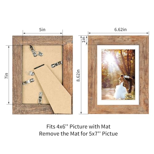 iRahmen 5x7 Picture Frame Set of 2, Rustic Brown Frame with High Definition Glass, Display Pictures 4x6 with Mat or 5 x 7 ...