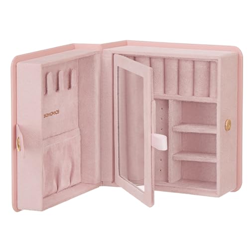 SONGMICS Jewelry Box Organizer with Mirror, Travel Jewelry Case with Pocket for Bracelet, Interlayer, 4.6 x 5.2 x 2.8 Inch...