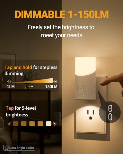 Lyridz LED Plug-in Night Light with 360° Motion Sensor, 1-150 Lumens Dimmable Nightlights Indoor for Bathroom, Bedroom, Ha...