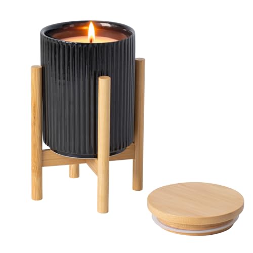 HUICAIMAO Lavender Scented Candle with Wood Stand& Ceramic Jar - 60H Natural Soy Wax, Highly Scented Aromatherapy Candle f...