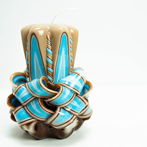 Carved Candle Artisan Handmade Decorative Dipped Candle 5 inch Blue Brown Fall Thanksgiving New Year Christmas Holiday Sea...