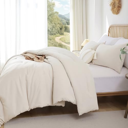 ROSGONIA Beige Comforter Set Queen, 3pcs (1 Boho Beige Comforter & 2 Pillowcases), All Season Bedding Lightweight Soft Bed...