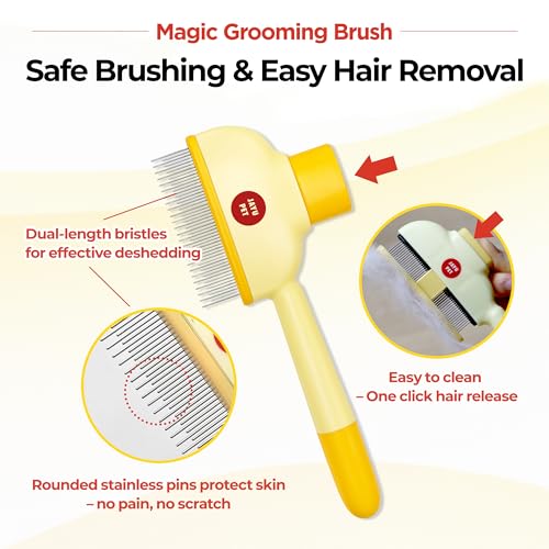 JAYU PET Magic Grooming Brush – Cat Brush for Shedding, Dual-Length Stainless Steel Bristles, One-Click Self-Cleaning, Ver...