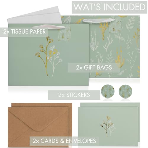 Beautiful Gift Bags Set of 2 - Large 13" Bags with Handles incl. Matching Tissue Paper, Cards & Stickers - Reusable and Pe...