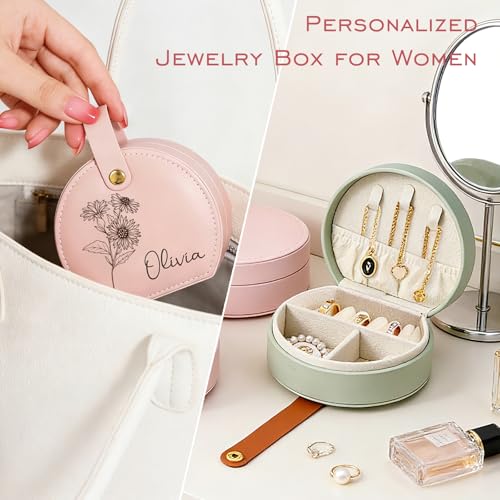 Jumaple Mothers Day Gifts for Mom, Personalized Jewelry Box with Name Birth Flower, Custom Small Leather Jewelry Travel Ca...